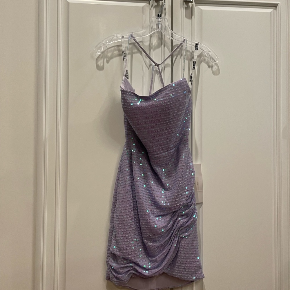 2 homecoming dresses, purple sequins, tags on never worn